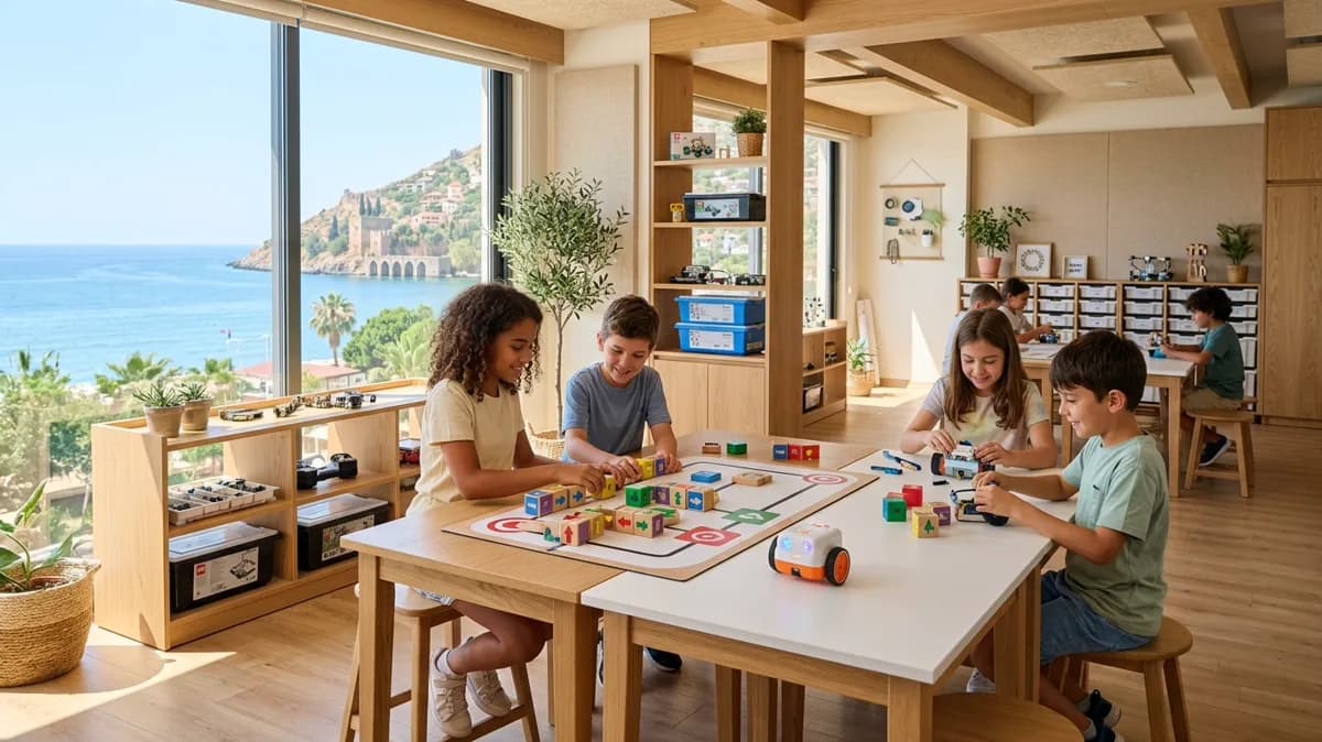 Alanya'da modern bir sınıfta çocukların robotik ve yapay zeka bloklarıyla çalışması